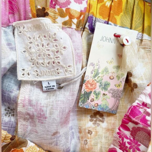 JOHNNY WAS Sherrie Linen Easy Short Elastic Waist Tie Floral patchwork NWT L - Picture 6 of 7